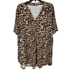 Boutique Plus Size 22W Leopard Print Buttoned Short Sleeve Tunic Top Blouse